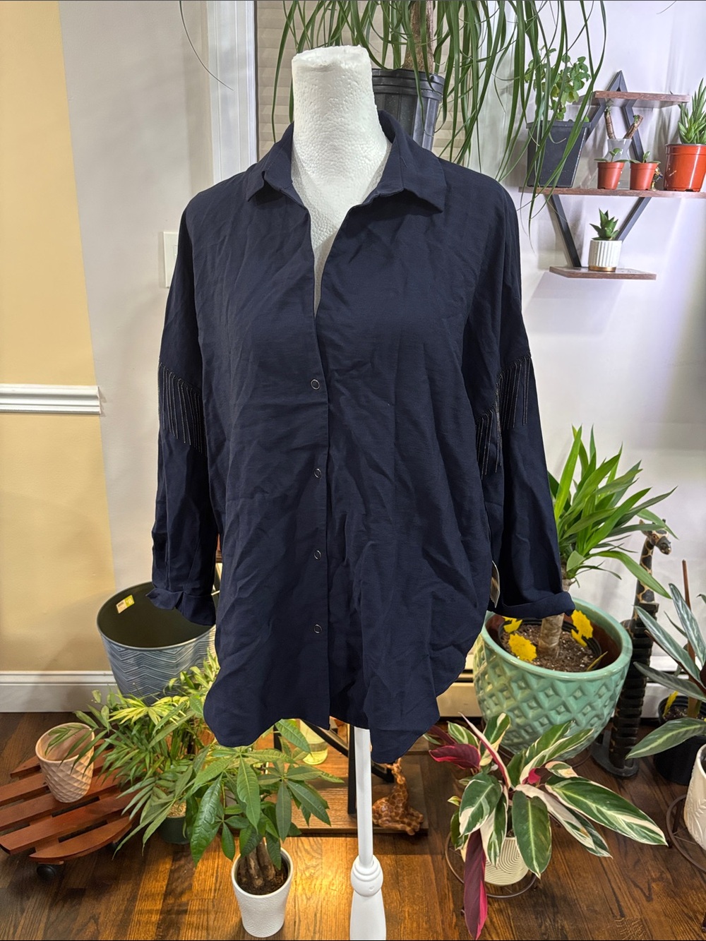 Zara Navy Button-Up Shirt fringe sleeve top size S